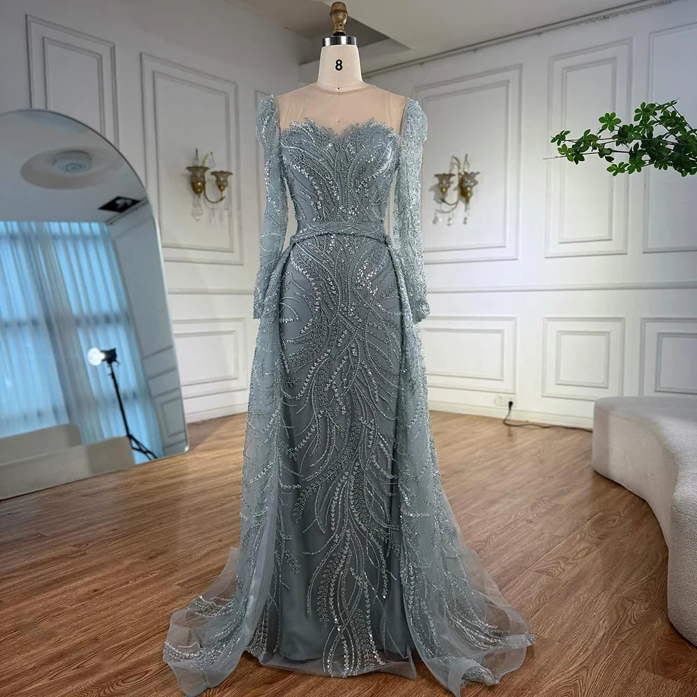 Luxury Sage Green Beaded Evening Dress with Detachable Overskirt LA73066