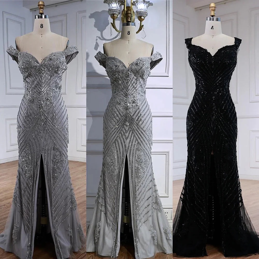 Luxury Silver Gray Off Shoulder Mermaid Evening Dress LA73018