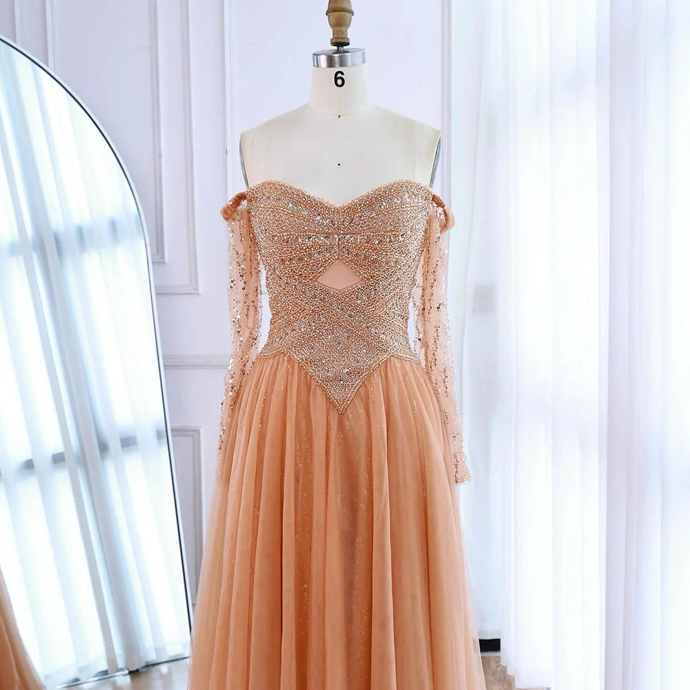 Luxury Nude Off Shoulder A-Line Beaded Evening Dress LA73038