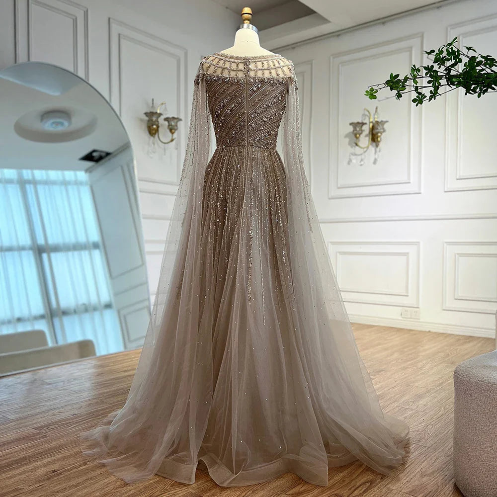 Luxury Caramel Beaded Evening Dress with Cape LA72994