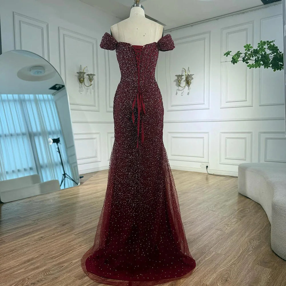 Luxury Designer Beaded Silver Nude Mermaid Evening Dress LA72905