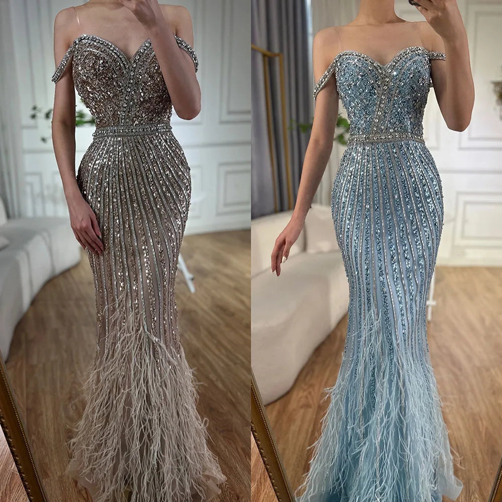 Luxury Dubai Caramel Spaghetti Strap Mermaid Gown Feathers Beaded Luxury Saudi Evening Dress for Formal Occasion LA72715