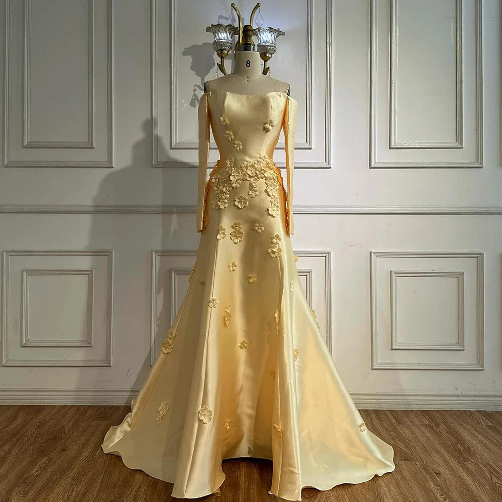 Luxury Dubai Arabia Yellow A-Line Satin Appliques Evening Dresses Gowns for Formal Occasion LA72833