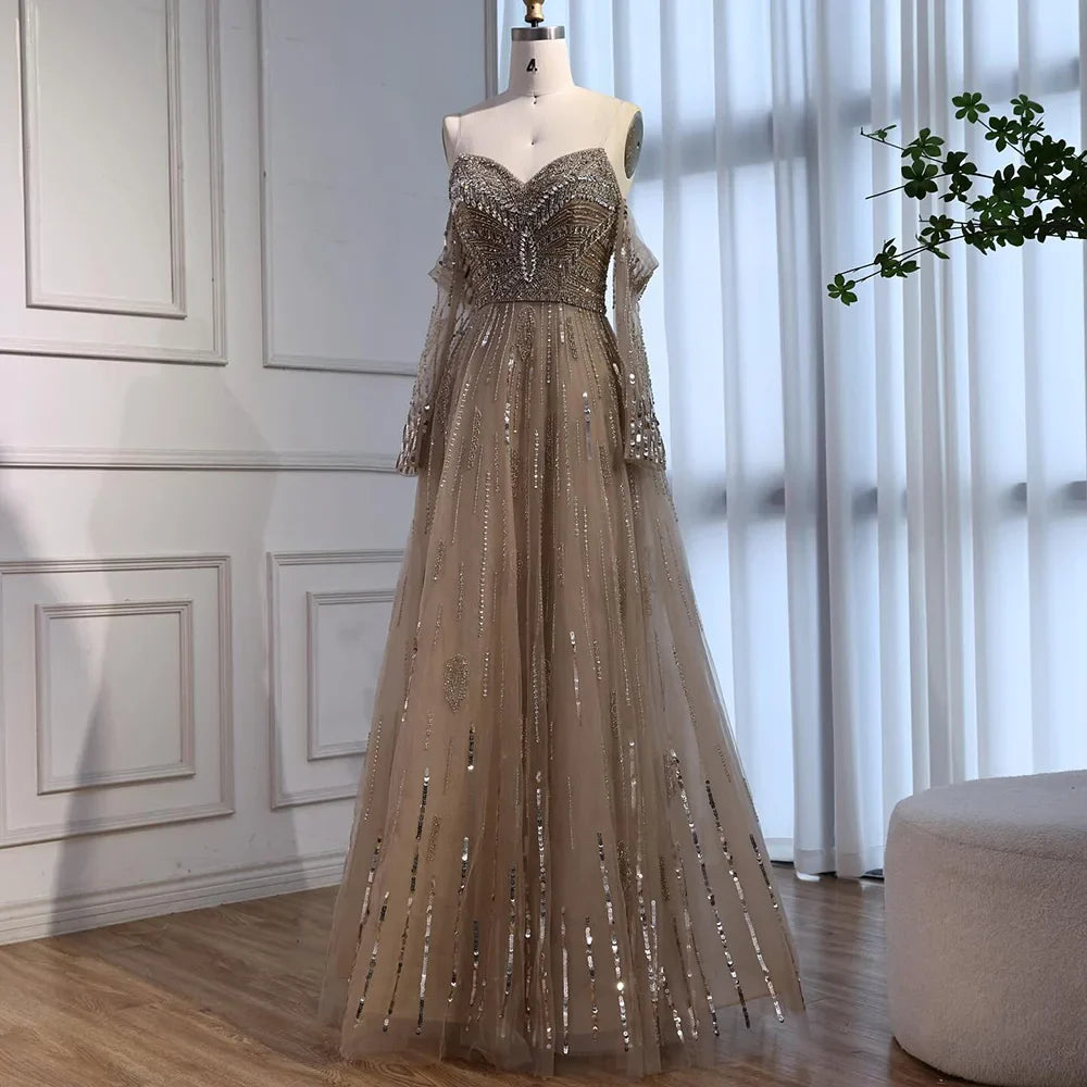 Luxury Caramel Crystal Beaded Strapless Long Sleeve Mermaid Evening Dress LA73130