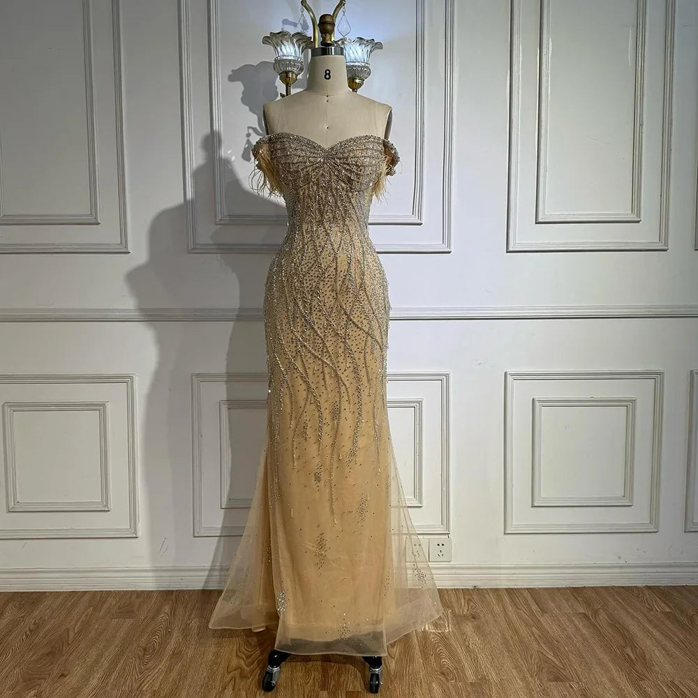 Luxury Nude Beaded Feather Mermaid Evening Dress Dubai Style LA72818