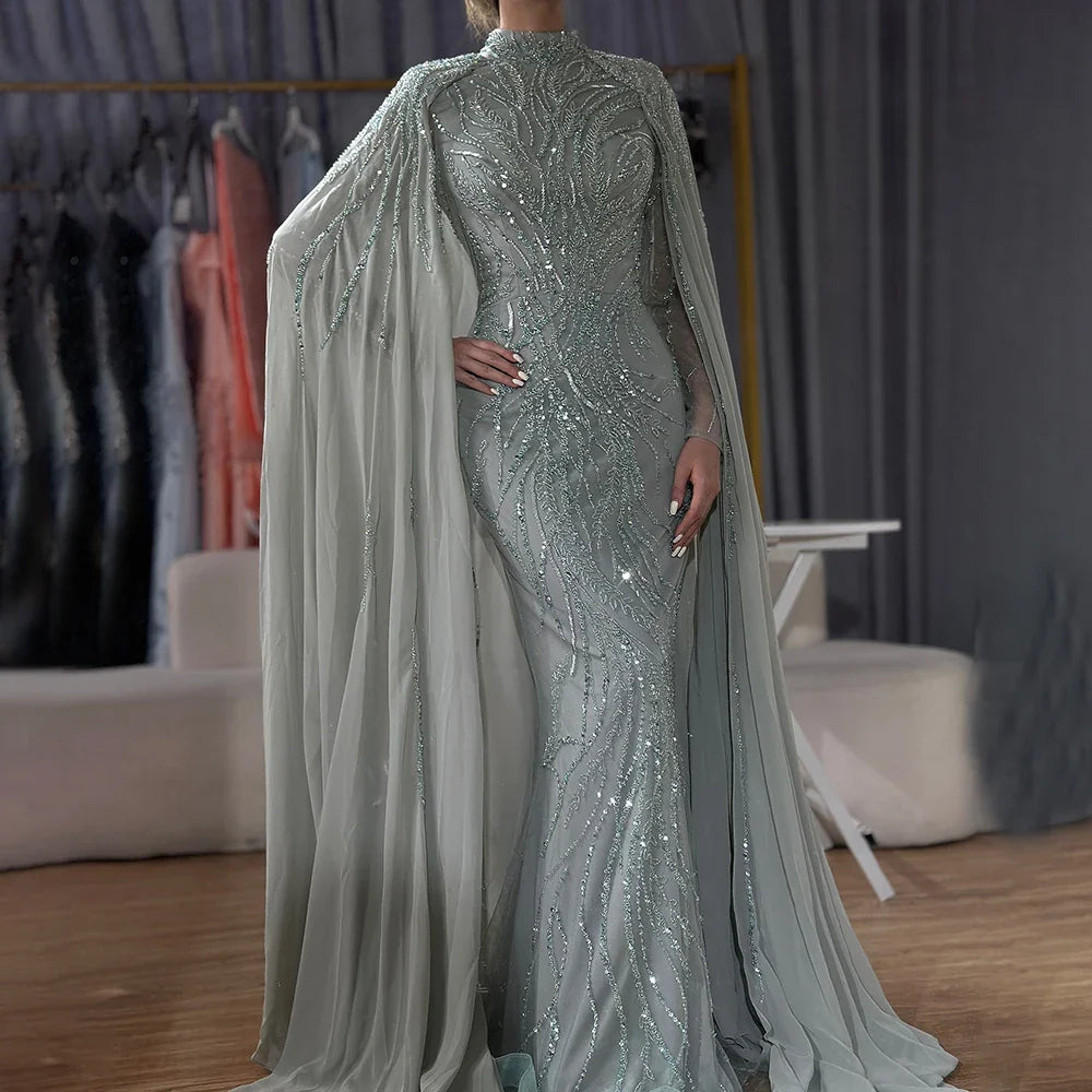 Modest Muslim Sage Green Evening Dress with Cape Long Sleeves LA72413A