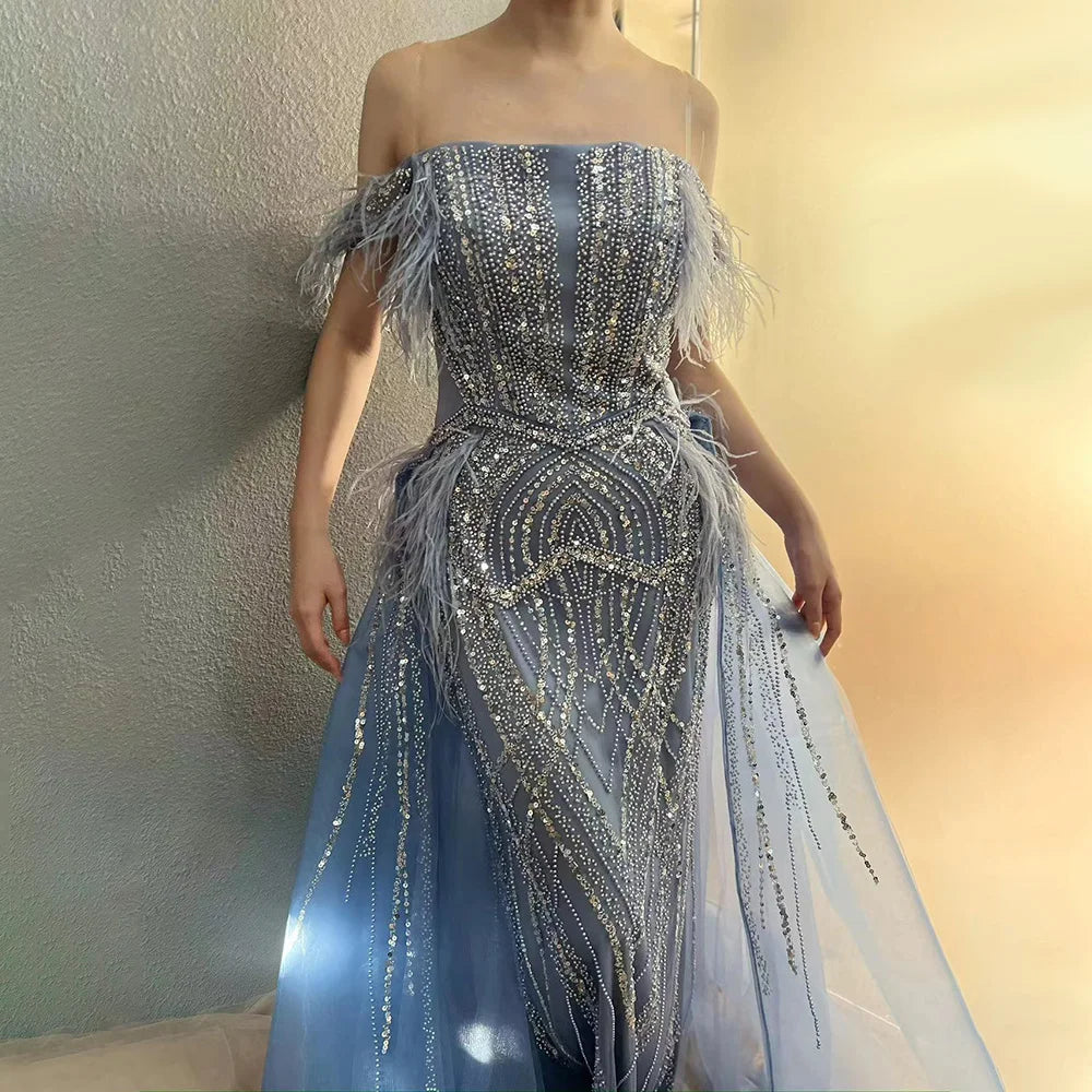 Luxury Dubai Blue Mermaid Gown Luxury Feathers Beaded Saudi Evening Dress with Overlay Skirt for Formal Occasion LA72727
