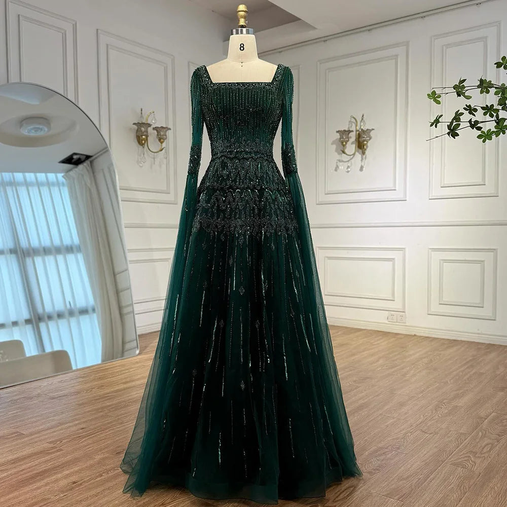 Luxury Green A-LineBeaded Evening Dress with Cape Sleeves LA73089