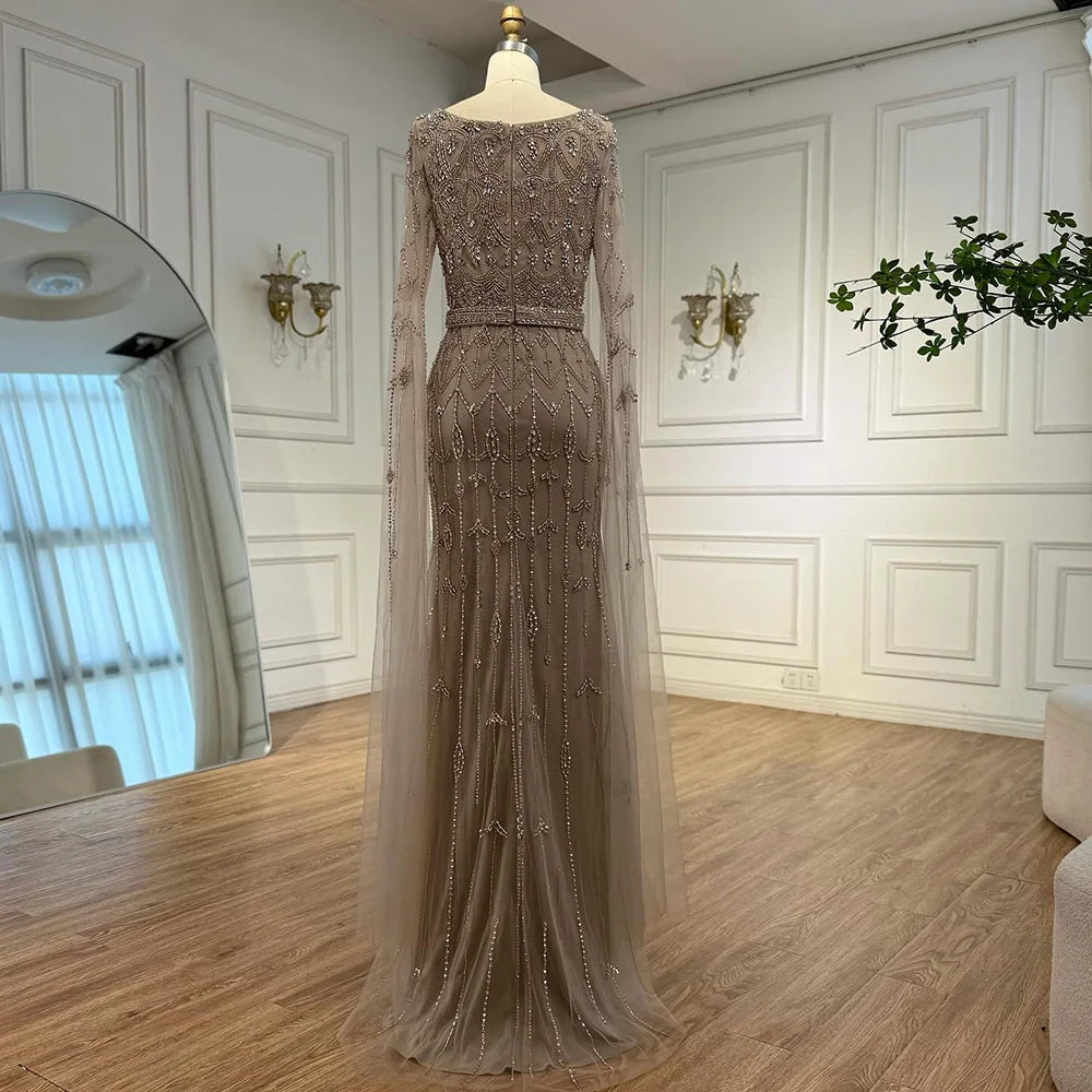 Luxury Arabic Caramel Beaded Evening Dress with Cape Sleeves LA72966A