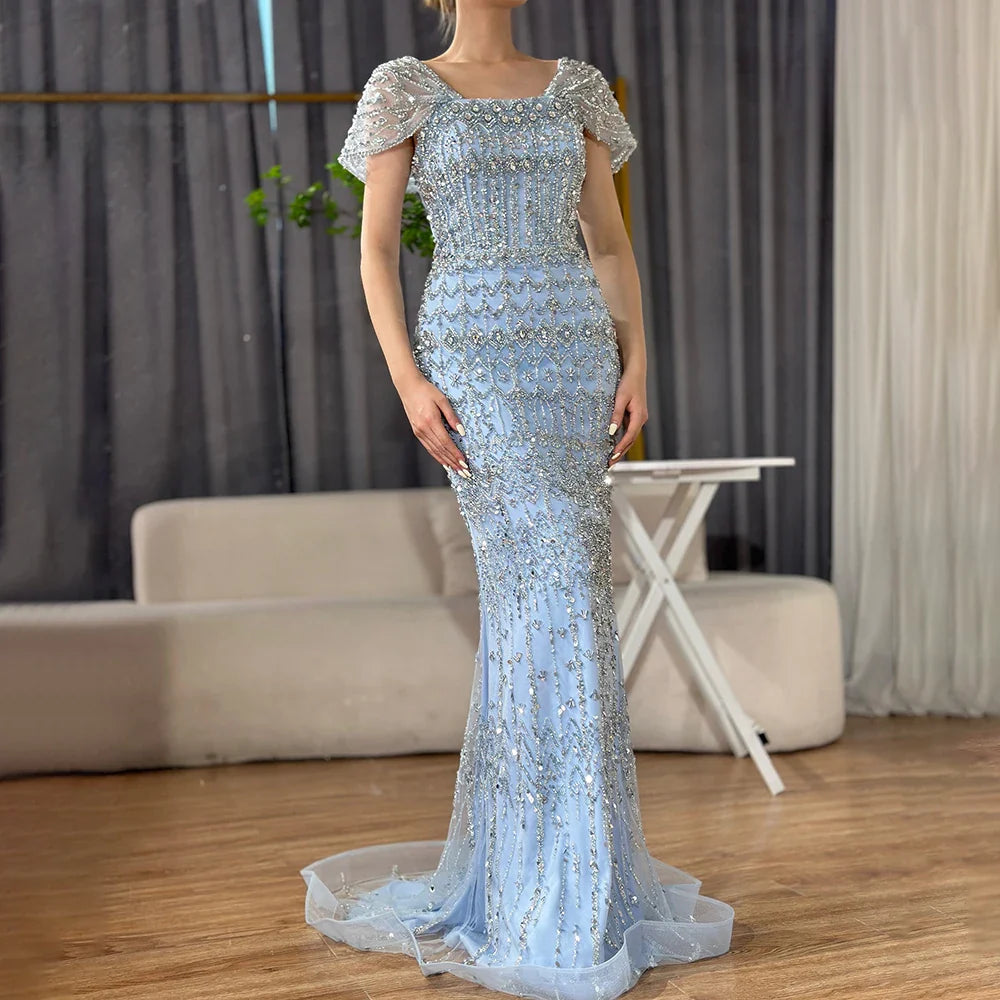 Luxury White Mermaid Beaded Evening Dress with Short Sleeves LA72714