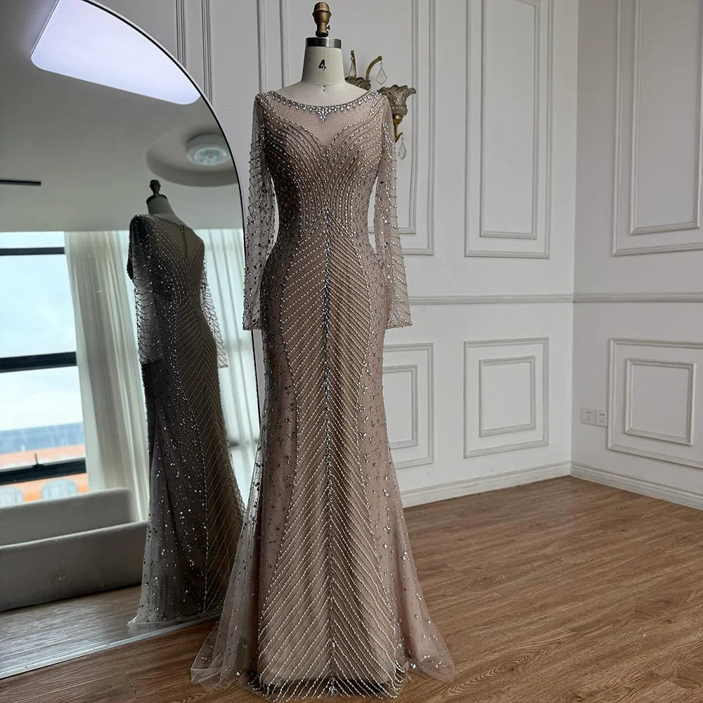 Luxury Arabic Silver Nude Beaded Mermaid Long Sleeve Evening Dress LA73132