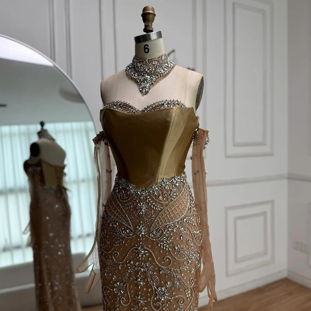 Luxury Beaded Corset Evening Dress Sheer Long Gloves LA72929