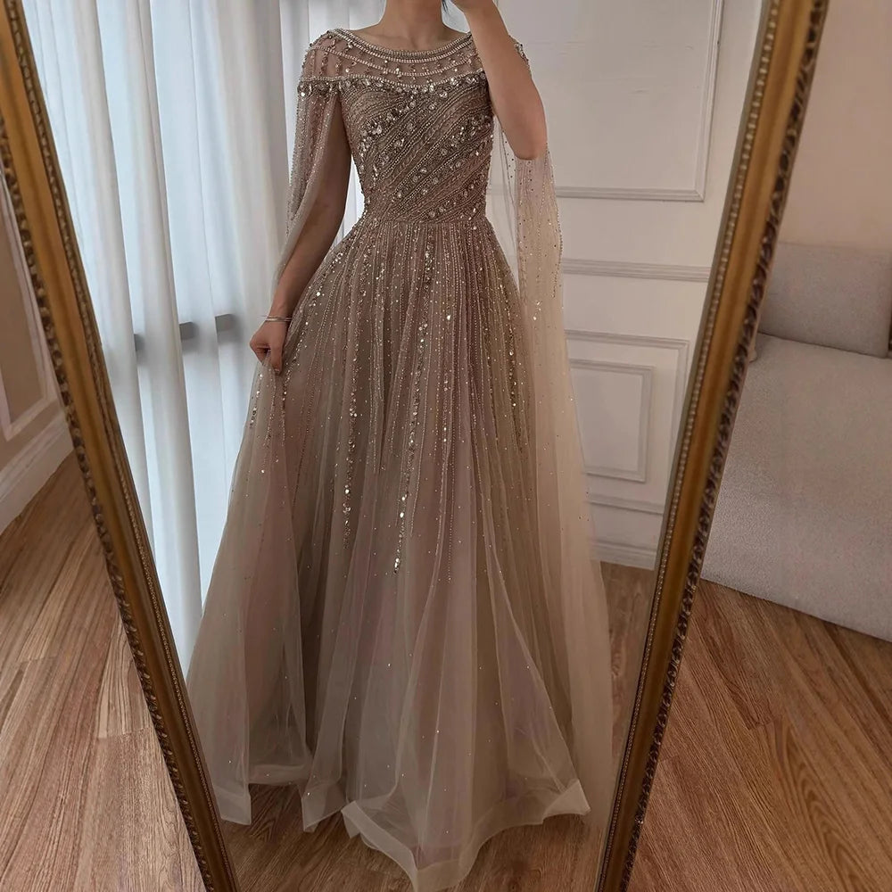 Luxury Caramel Beaded Evening Dress with Cape LA72994