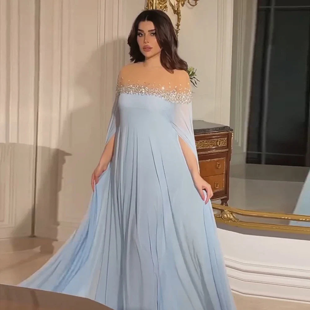 Luxury Dubai Arabic Luxury Crystal Dubai A-Line Baby Blue Evening Dress with Elegant Kaftan for Formal Occasion LA72766