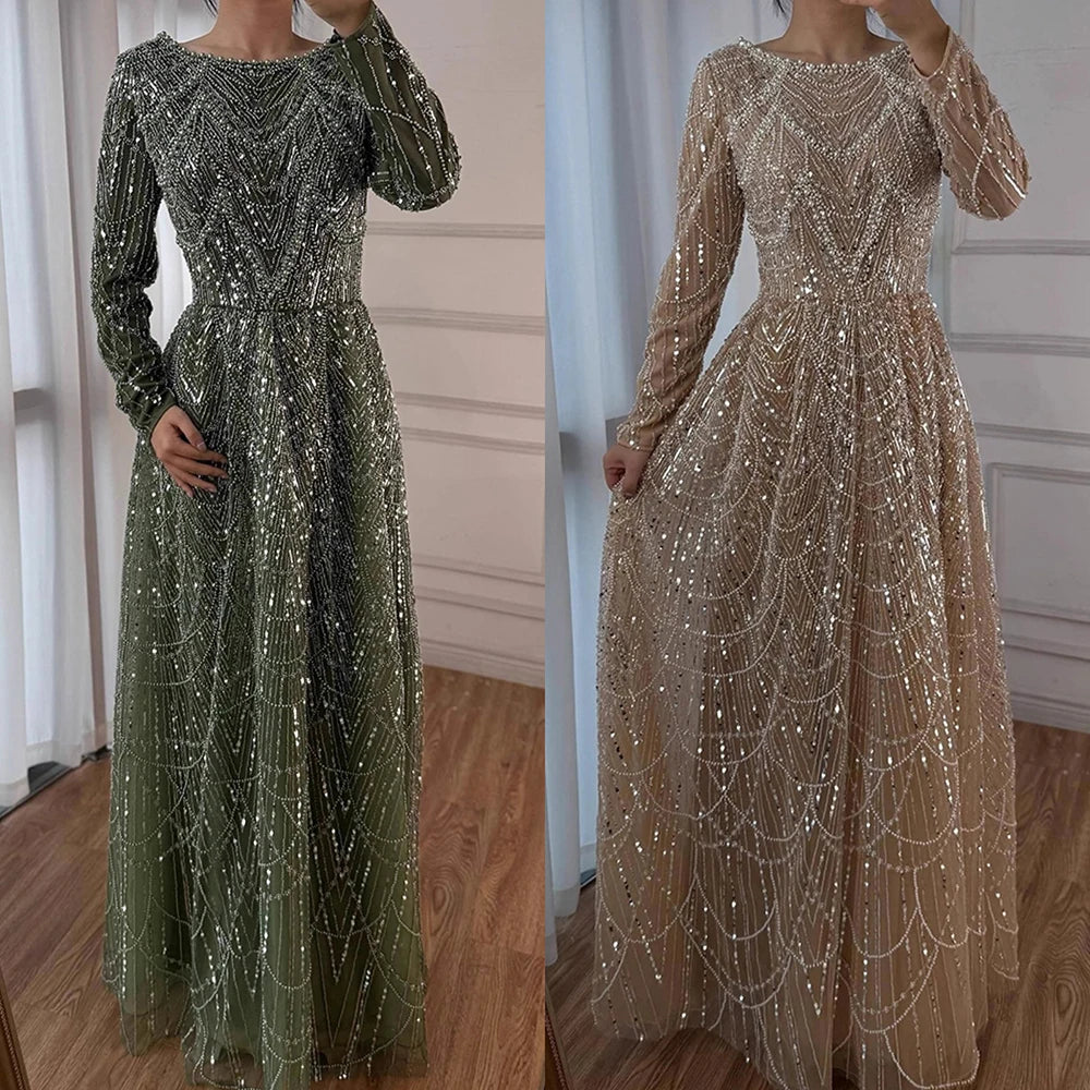 Luxury Olive Green Beaded A-Line Modest Evening Dress LA72738B