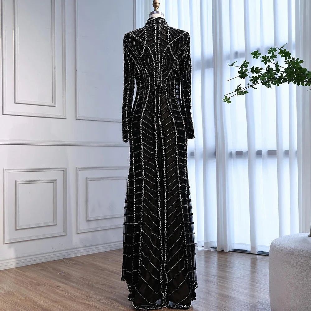 Muslim Luxury Black Beaded Saudi Arabic Mermaid Evening Dress LA72931