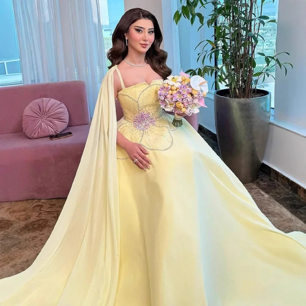 Luxury Yellow A Line Evening Dress with Cape LA73045