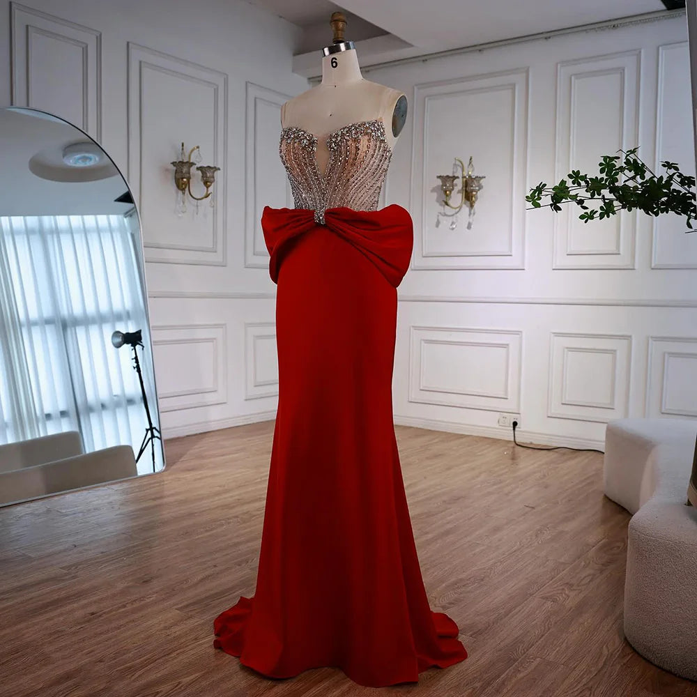 Designer Red Satin Evening Dress with Bow LA73060