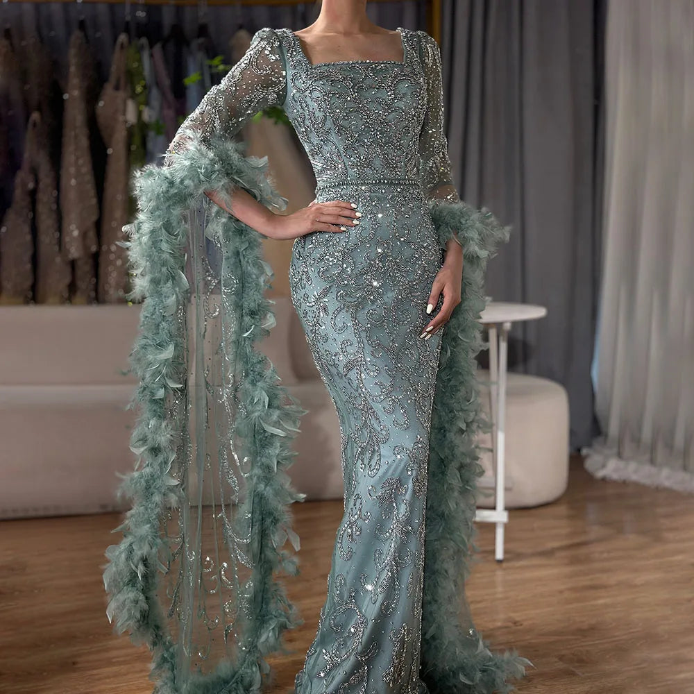 Luxuriöses Dubai-Abendkleid mit ausgestellten Ärmeln, Meerjungfrau-Stil, türkisfarbenen Perlen und Federn, für formelle Anlässe, LA72767