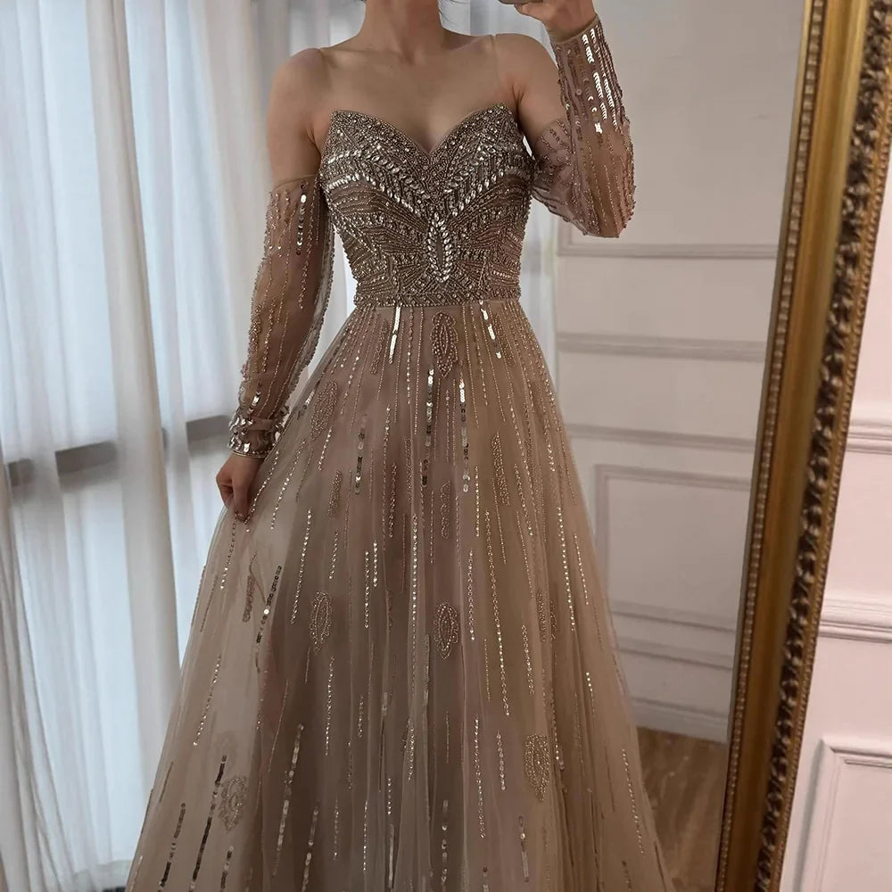Luxury Caramel Crystal Beaded Strapless Long Sleeve Mermaid Evening Dress LA73130
