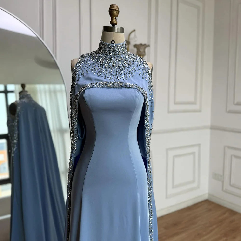 Elegant High Neck Evening Dress with Crystals and Long Cape LA73068
