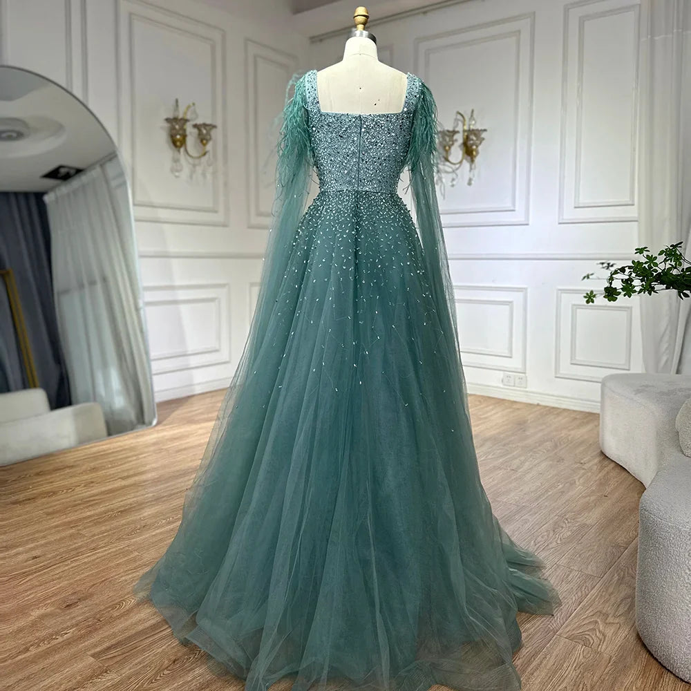 Luxury Blue A-Line Feathers Beaded Evening Dress with Cape Sleeves LA71782A