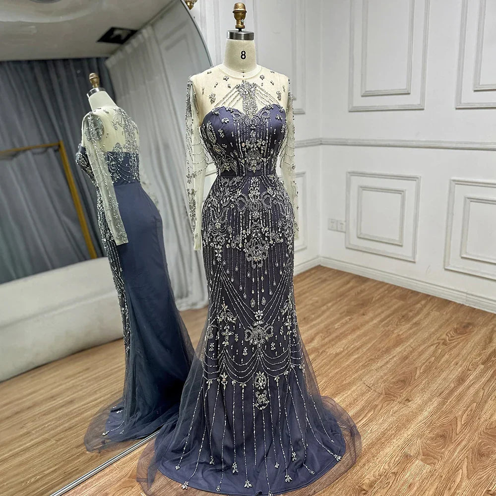 Luxury Dubai Blue Crystal Beaded Evening Dress with Overskirt LA72757