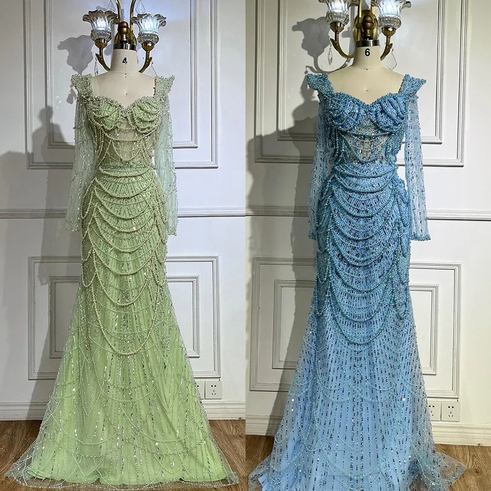 Serene Hill Arabic Sage Green Sweetheart Mermaid Pearls Beaded Luxury Dubai Evening Gown for Women's Party LA72660