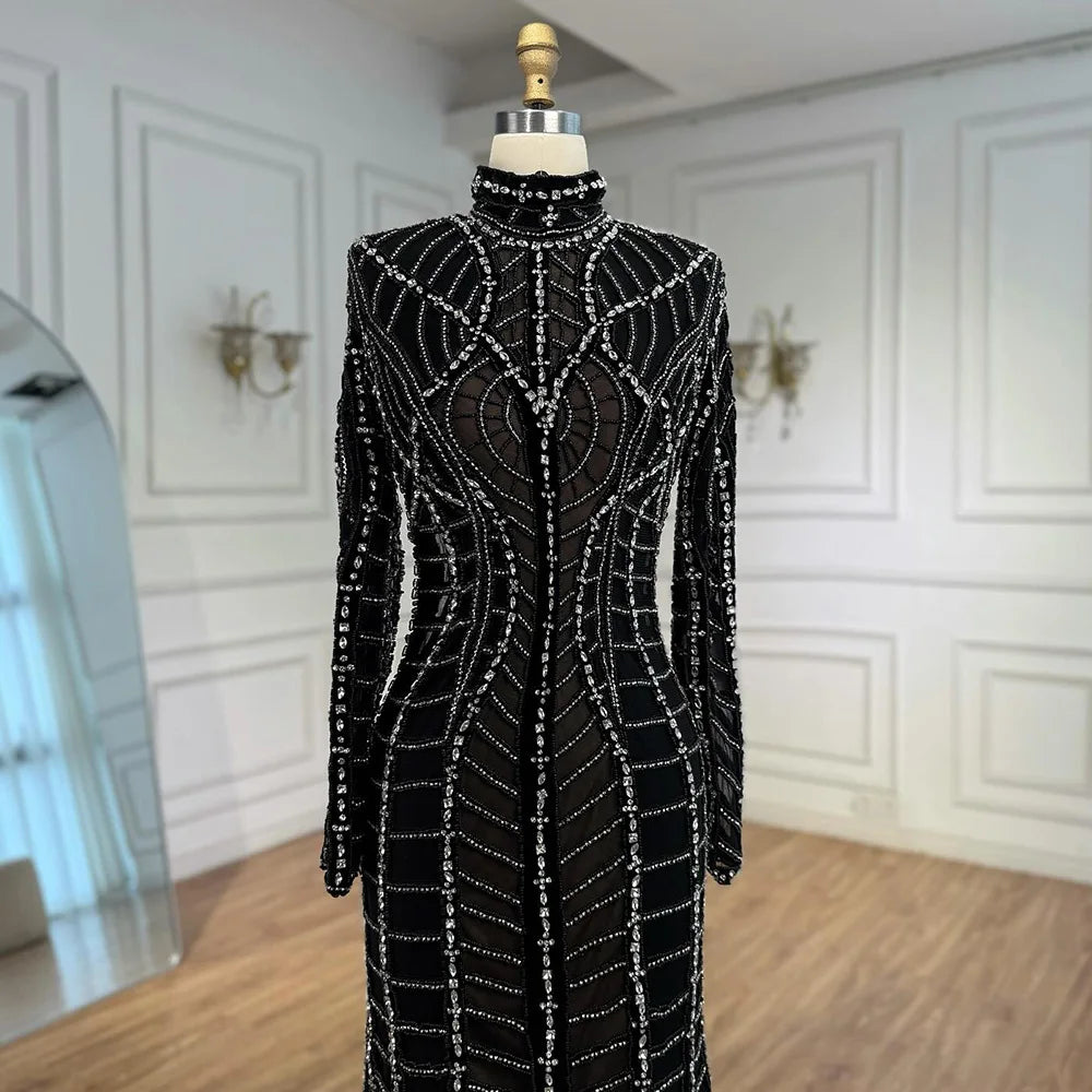 Muslim Luxury Black Beaded Saudi Arabic Mermaid Evening Dress LA72931
