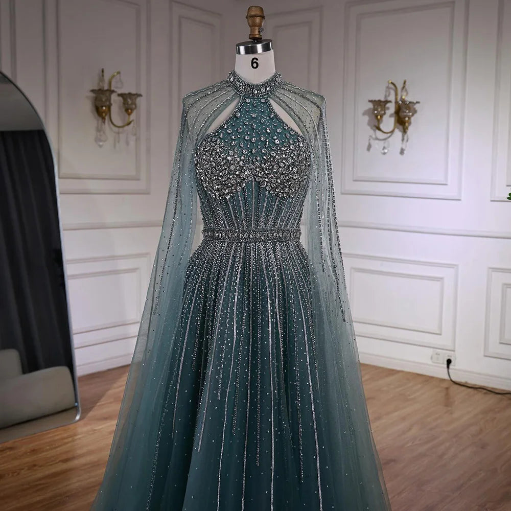 Luxury Beaded A-Line Evening Dress with Cape Sleeves LA73054