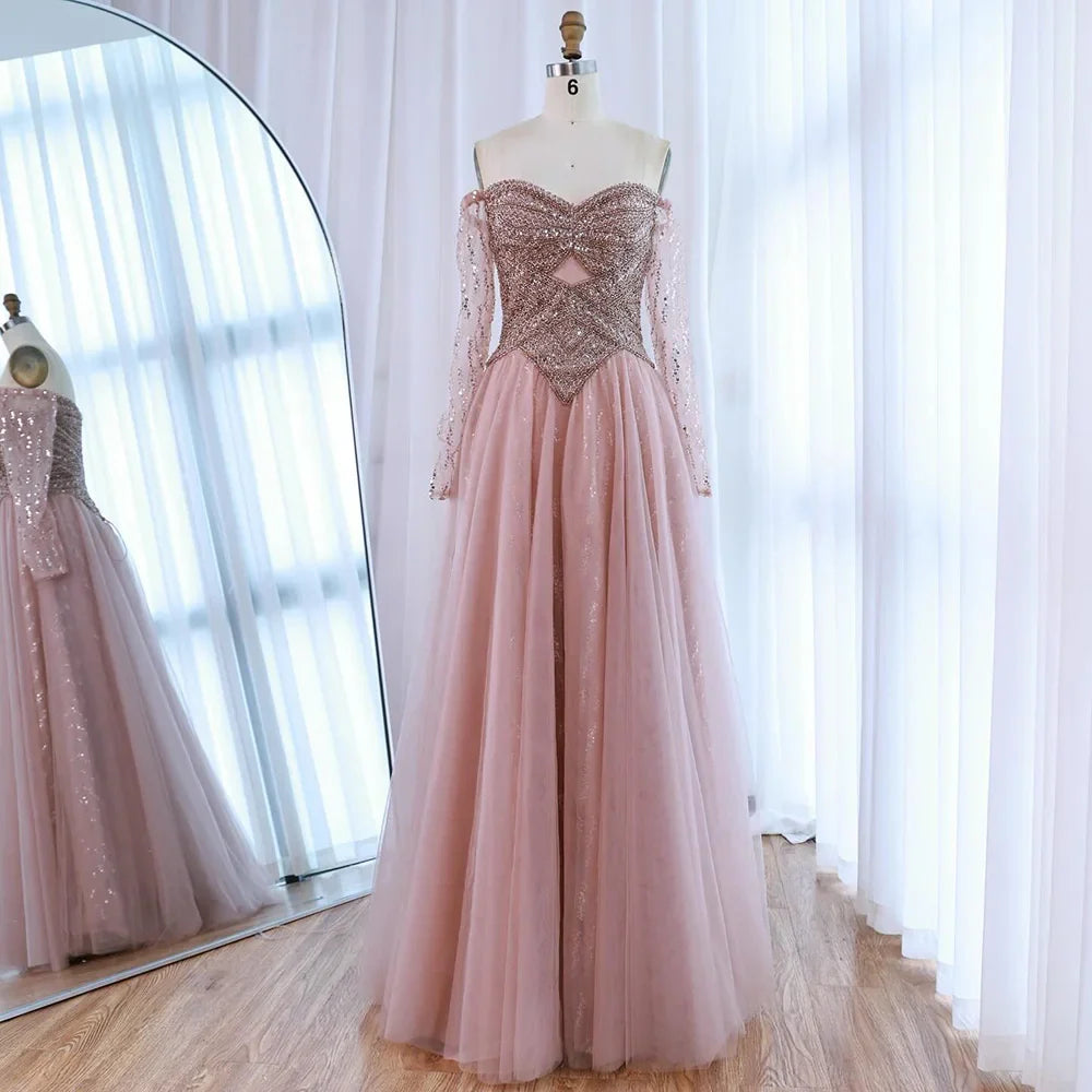 Luxury Nude Off Shoulder A-Line Beaded Evening Dress LA73038