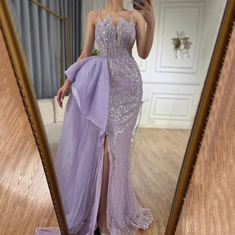 Spaghetti Straps Sage Green Mermaid Evening Dress with Overskirt LA72378