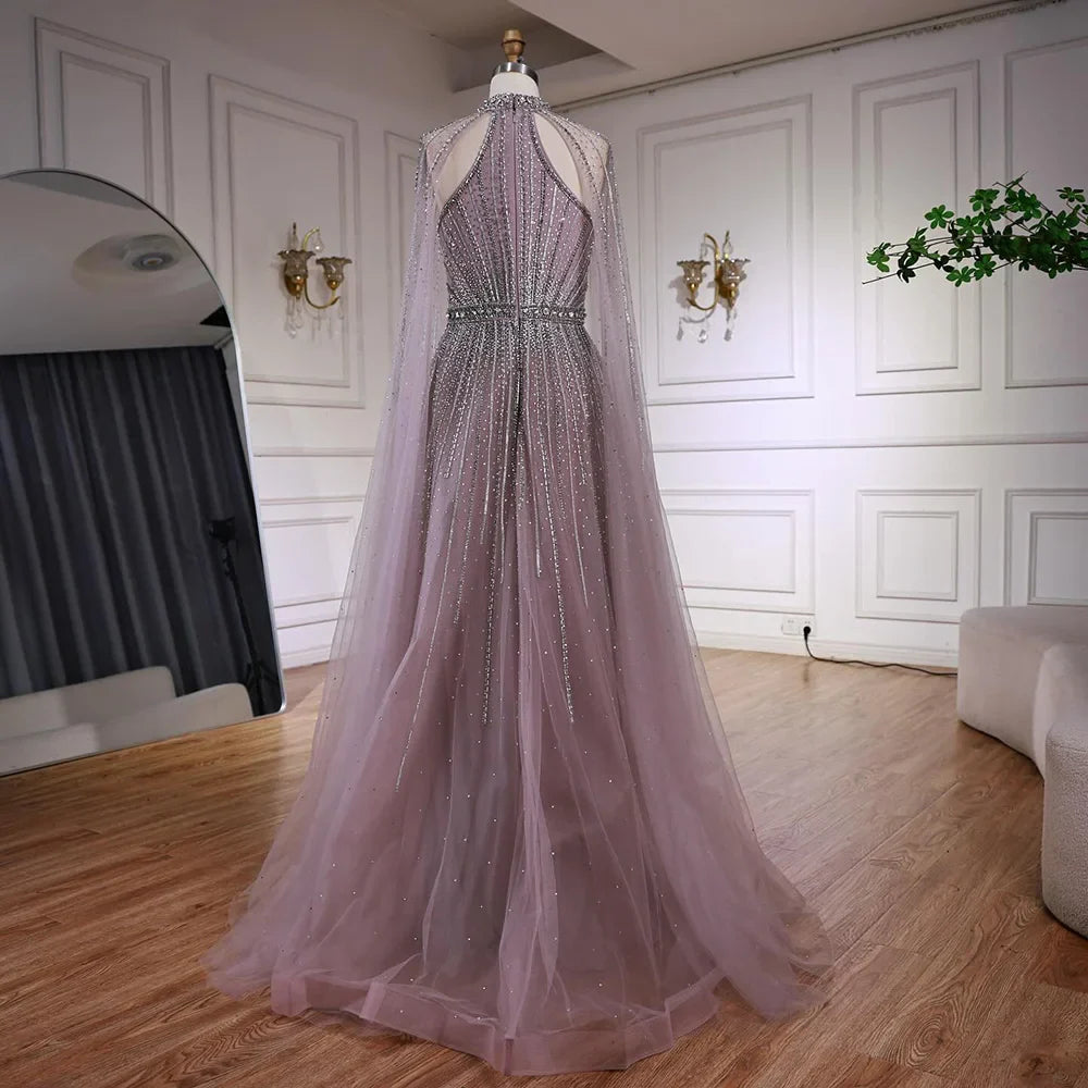 Luxury Beaded A-Line Evening Dress with Cape Sleeves LA73054