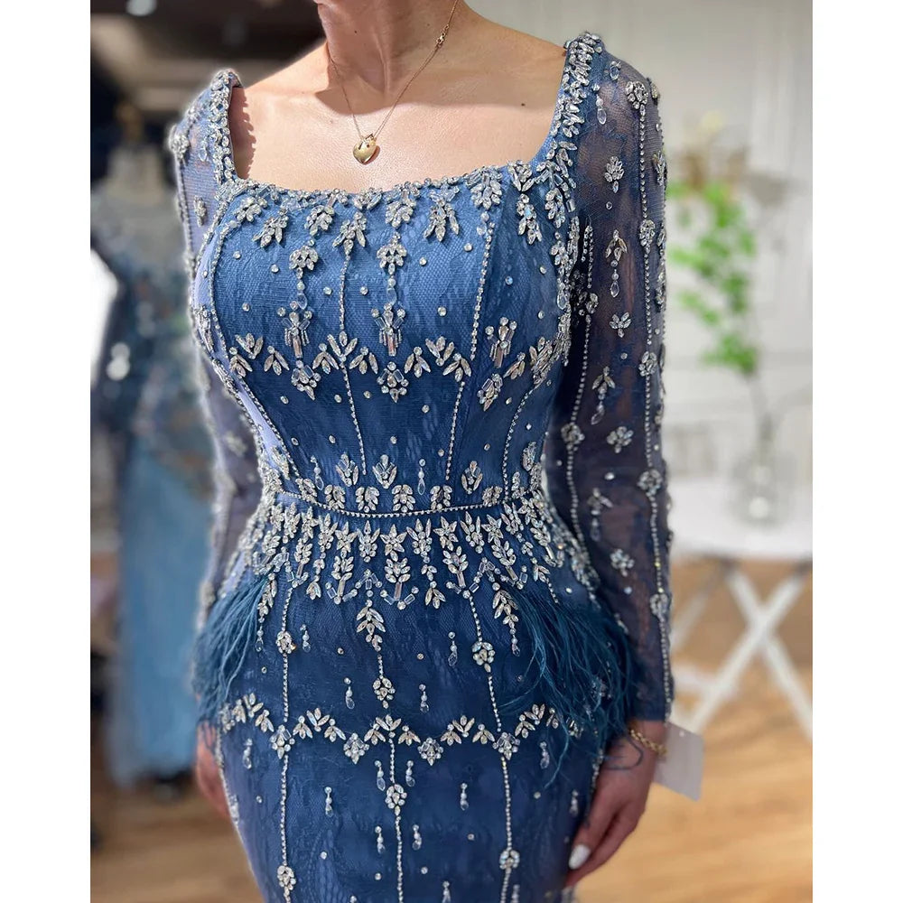 Luxury Black Feathers Midi Evening Dress with Long Sleeve LA71492AM