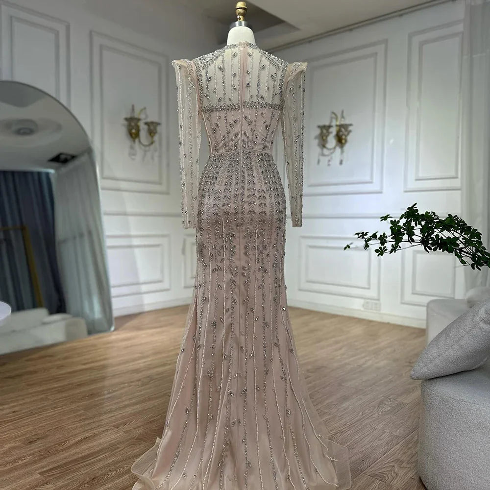 Luxury Dubai Pink Elegant Pearls Beaded Mermaid Evening Dress LA72826