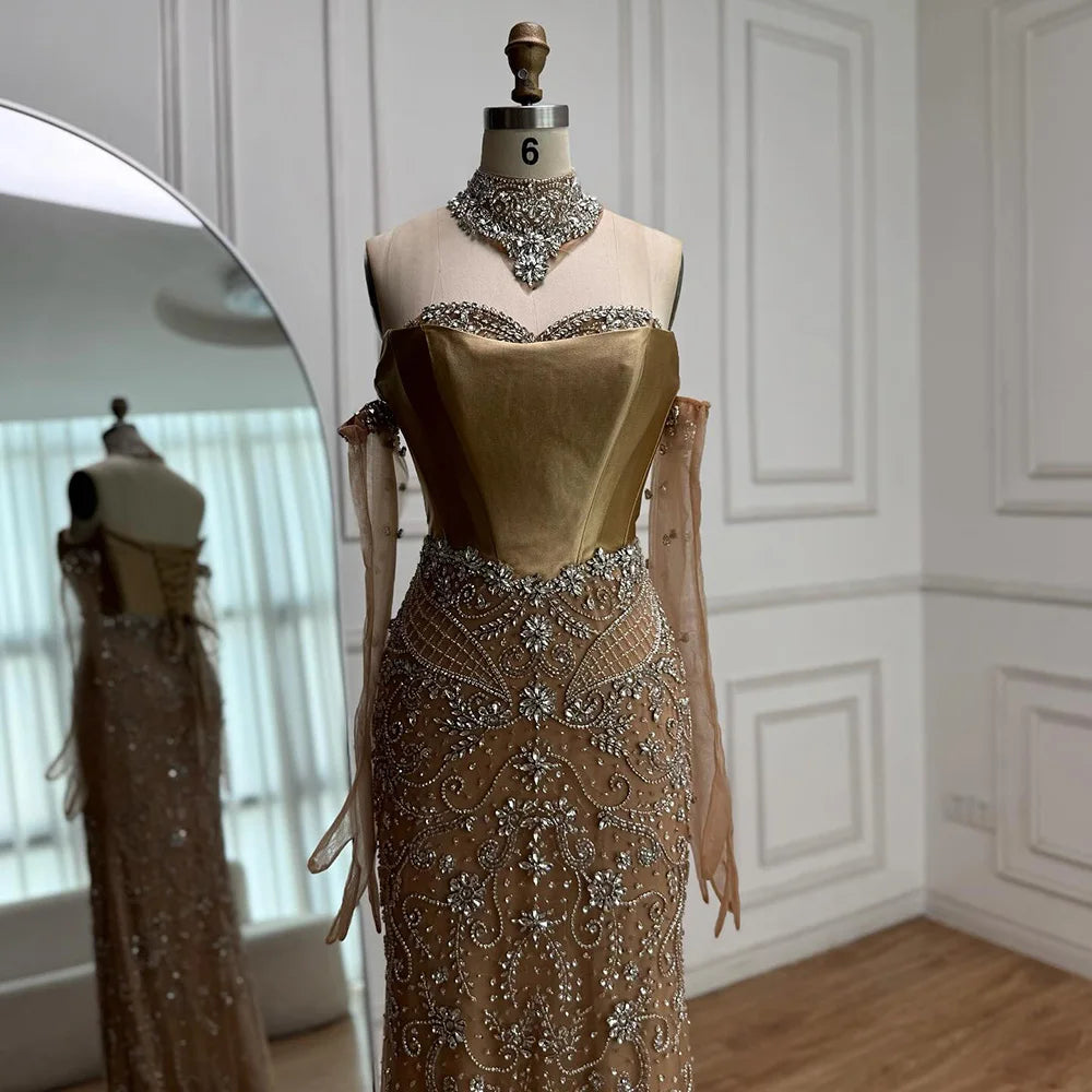 Luxury Beaded Corset Evening Dress Sheer Long Gloves LA72929