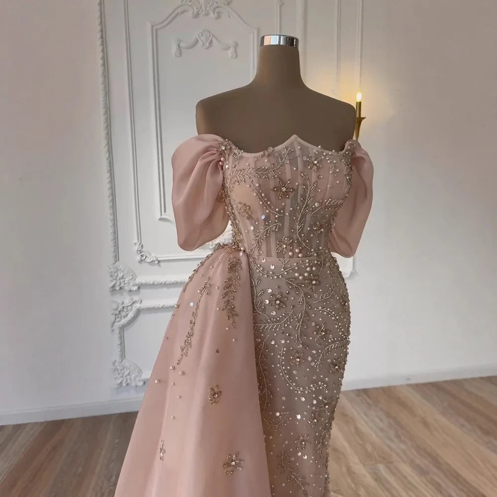 Luxury Nude Off Shoulder Pearl Beaded Mermaid Evening Dress with Overskirt LA73109
