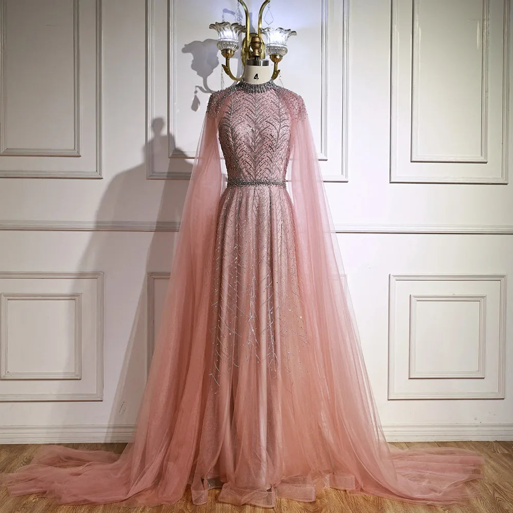 Luxury Elegant Pink Beaded Evening Dress with Cape LA73033