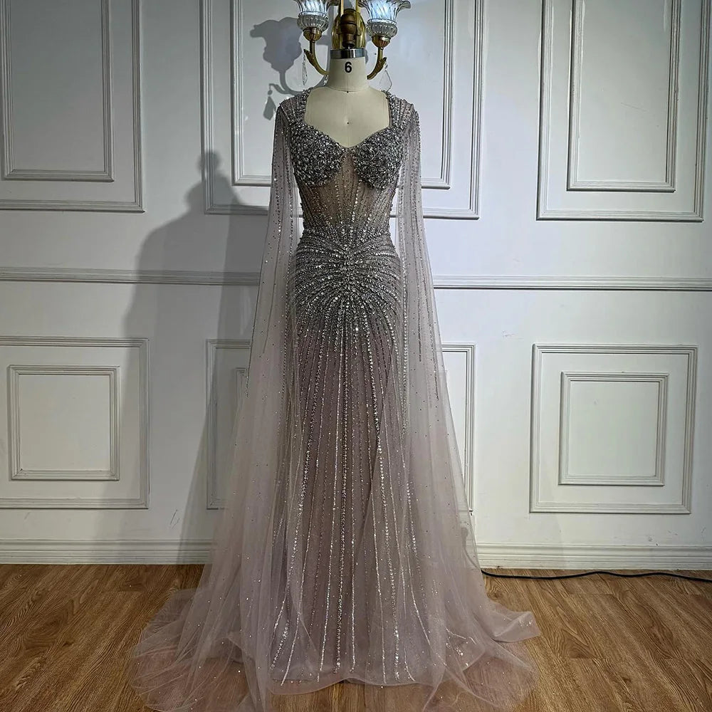 Luxury Nude Beaded Evening Dress with Cape Sleeves LA72575C