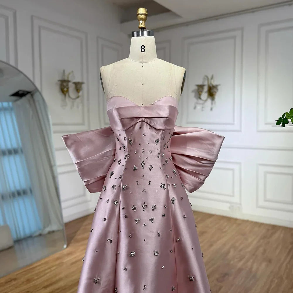 Pink Satin Strapless Mermaid Evening Gown with Big Bow LA72414B
