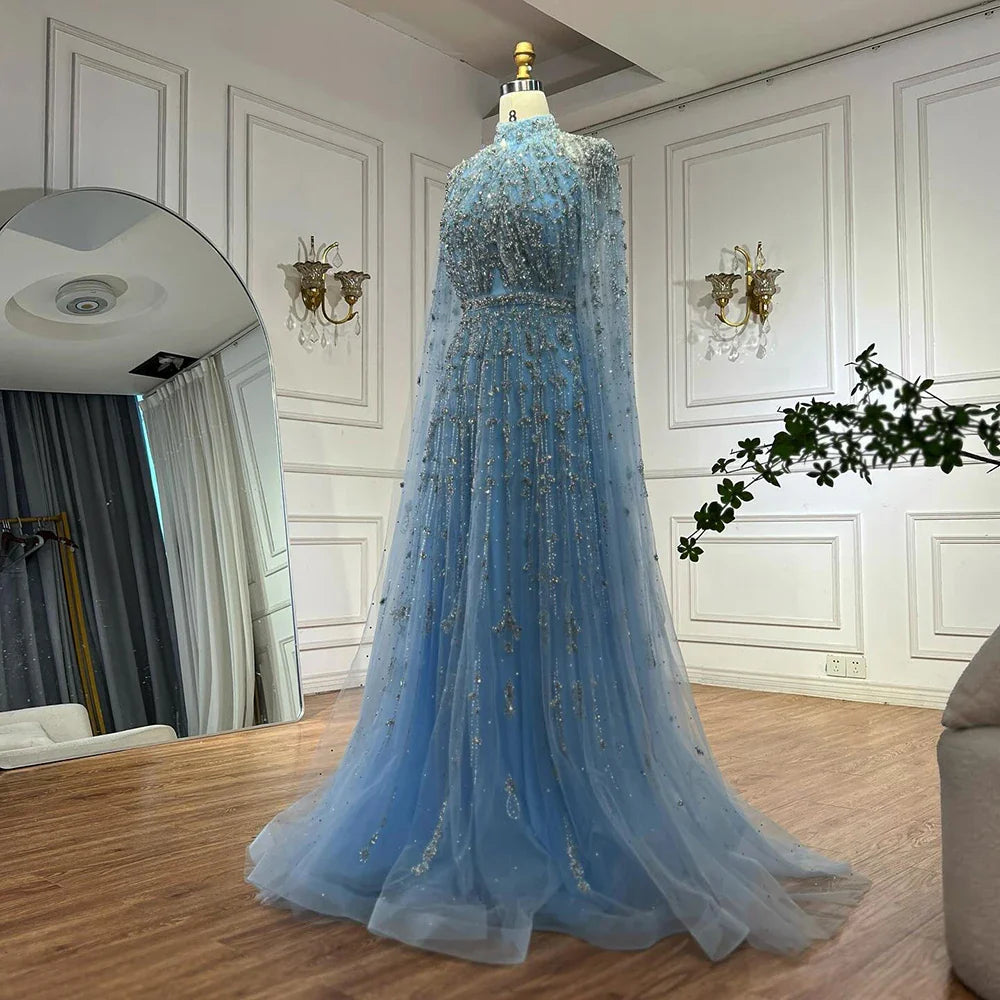 Luxury Blue Beaded A-Line Evening Gown with Cape Sleeves LA71803G
