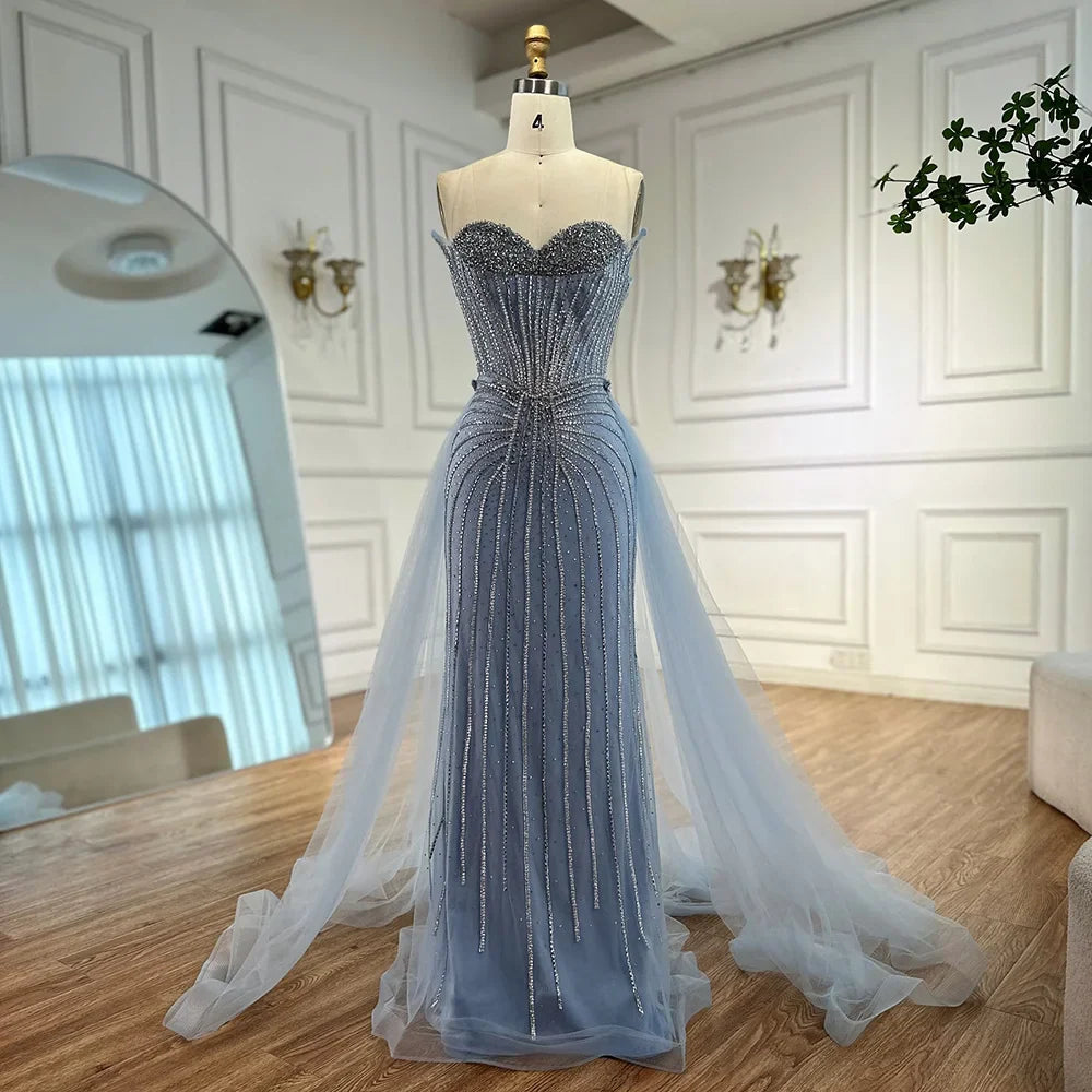 Strapless Pink Pearls Beaded Arabic Mermaid Evening Dress with Overskirt LA72811B