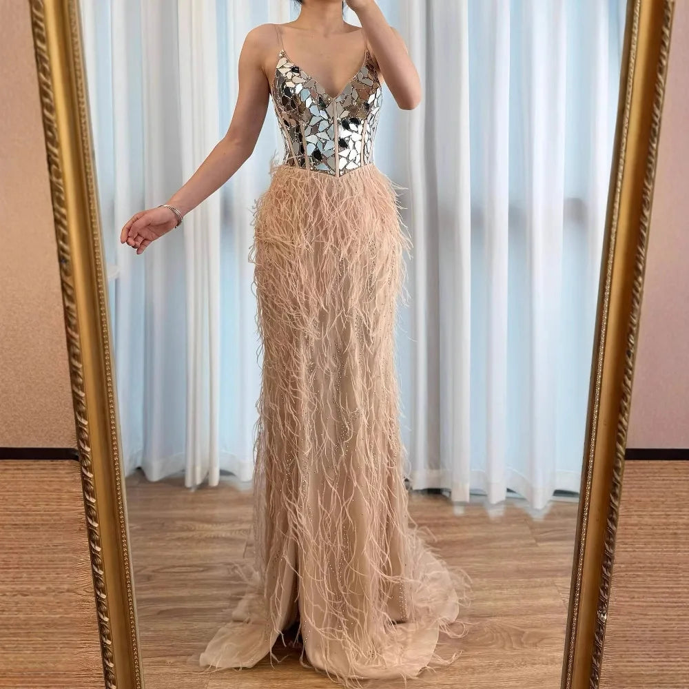 Luxury Peacock Blue Feather Evening Dress with Mirror Beaded Bodice LA73008