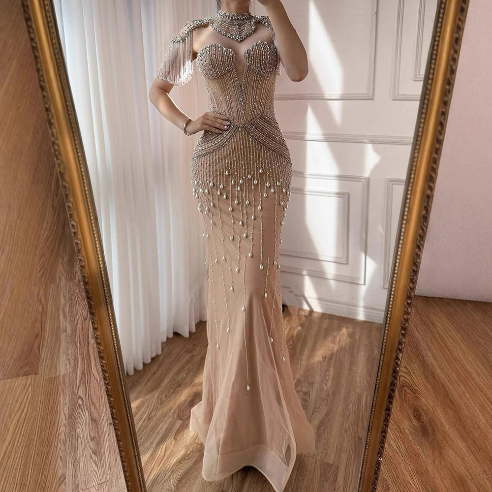 Luxury Nude Pearl Beaded Tassel Mermaid Evening Dress LA73183