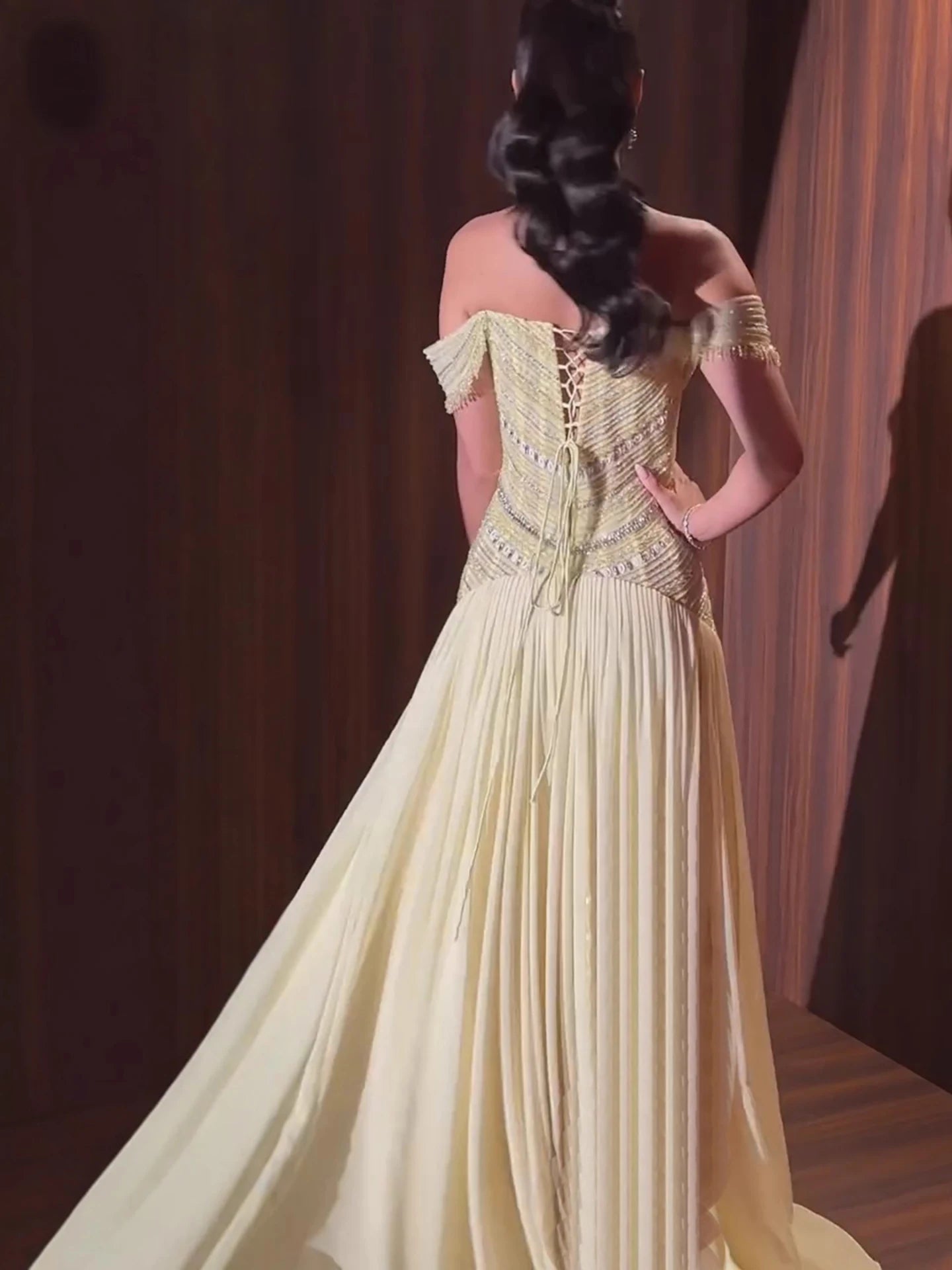 Luxury Evening Dress Yellow Off Shoulder Beaded A-Line Gown LA73350