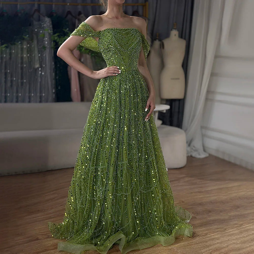 Luxury Beaded Champagne Off-Shoulder Evening Dress LA72738