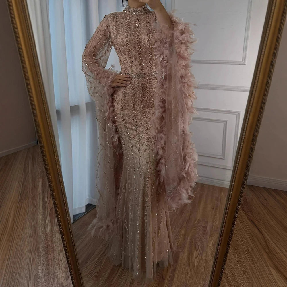 Elegant Rose Gold Evening Dress Featuring Feathered Cape Sleeves LA72947