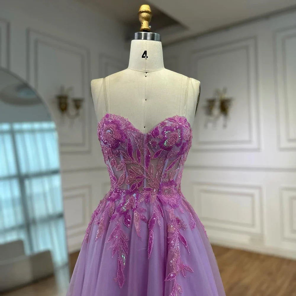 Luxury A-line Sweep Train Tulle Prom Dress with Appliqued LA72972