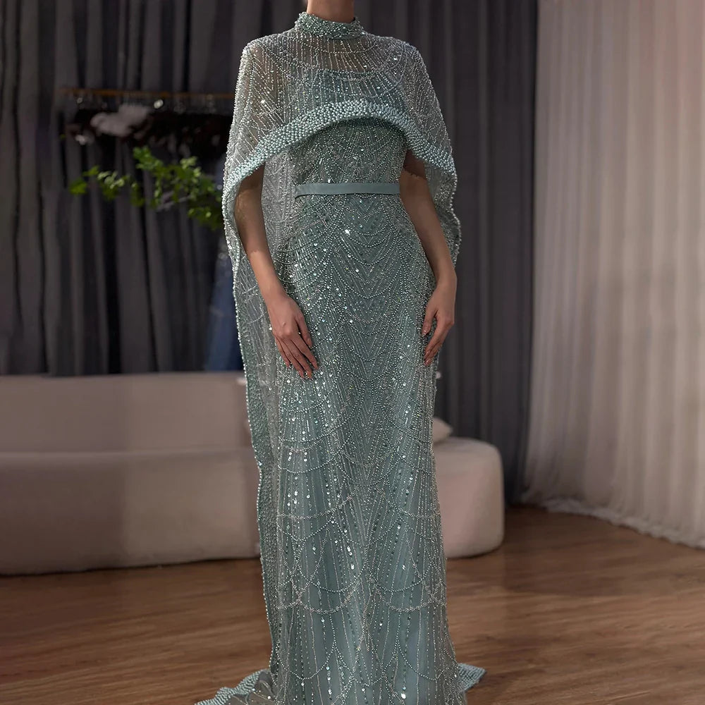 Luxury Dubai Nude Mermaid Long Cape Evening Dress LA72032P