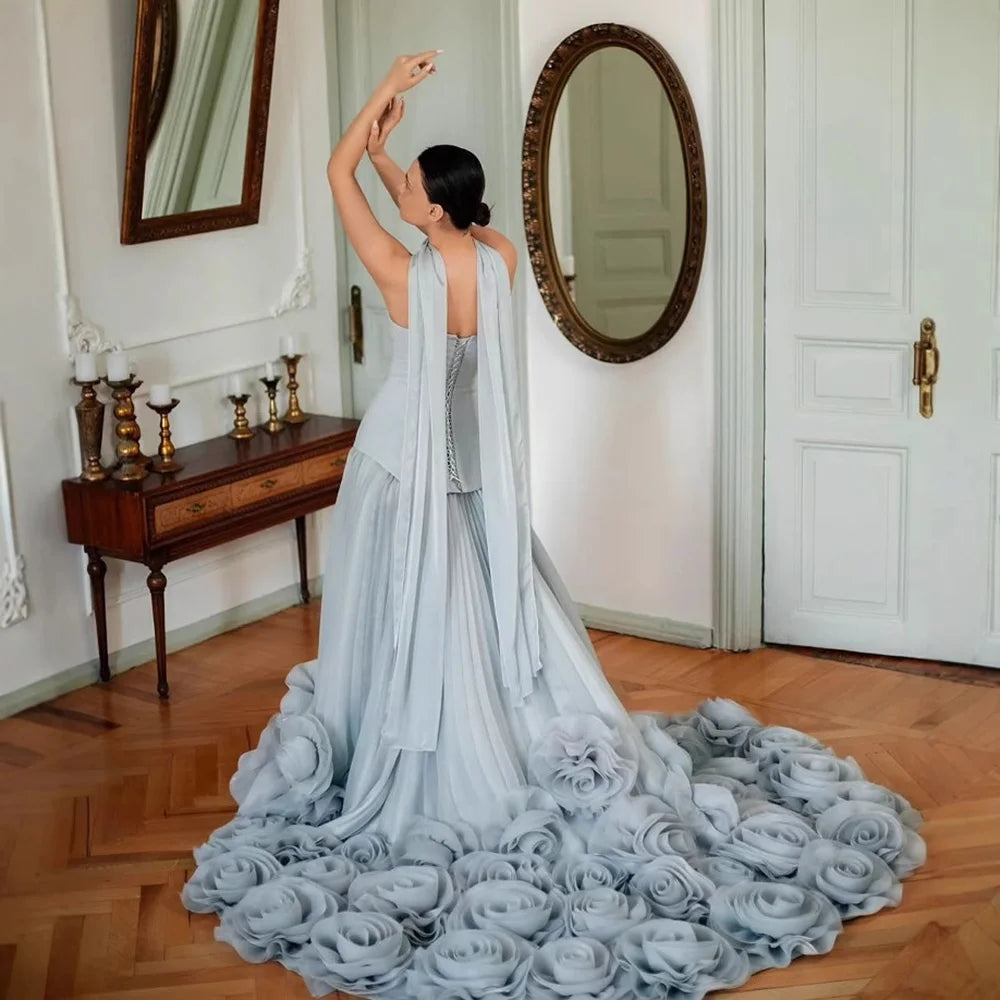 Elegant Sage Green 3D Flowers A Line Evening Dresses Gowns LA72913